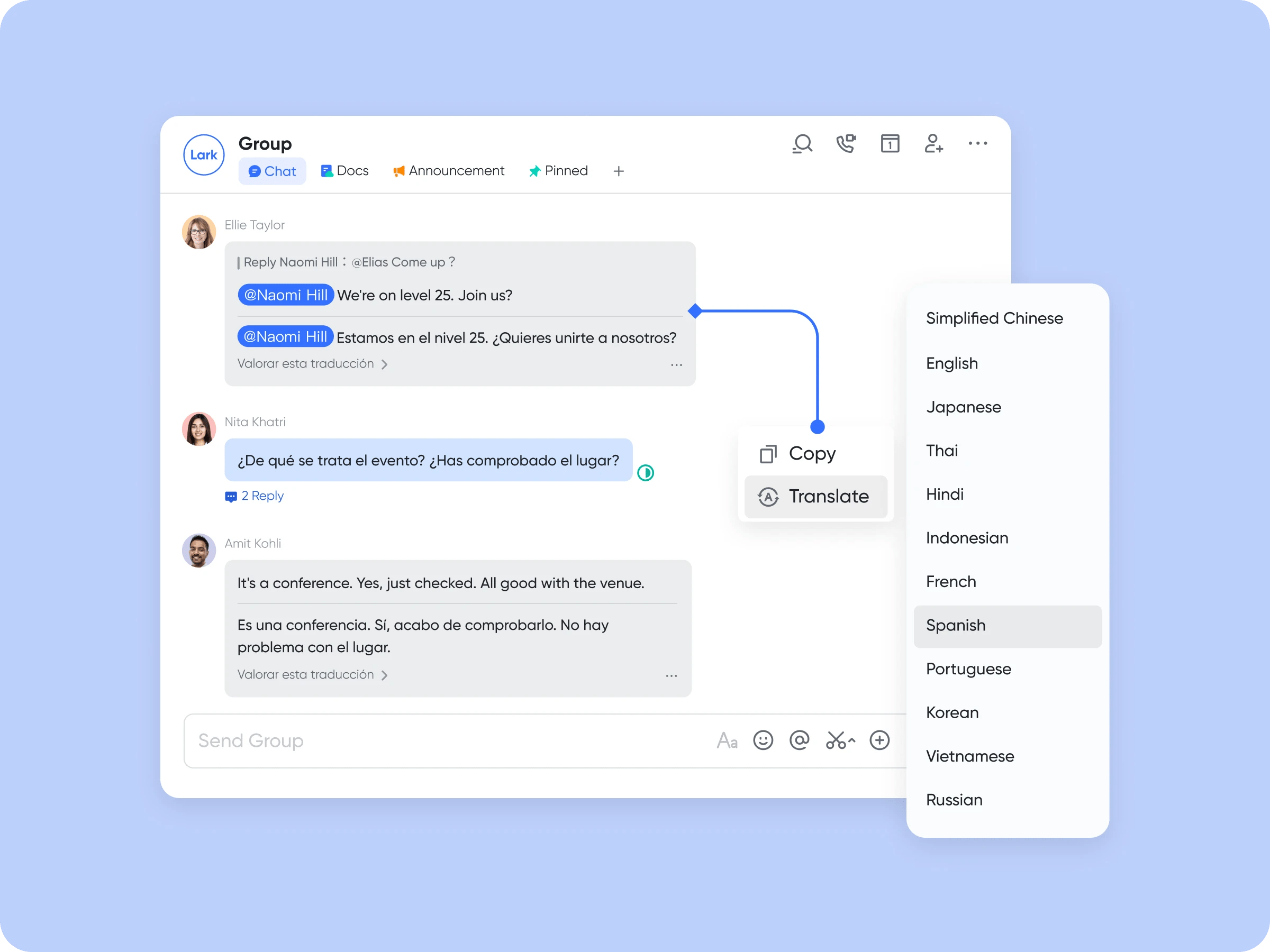 lark messenger hỗ trợ dịch tin nhắn đa ngôn ngữ